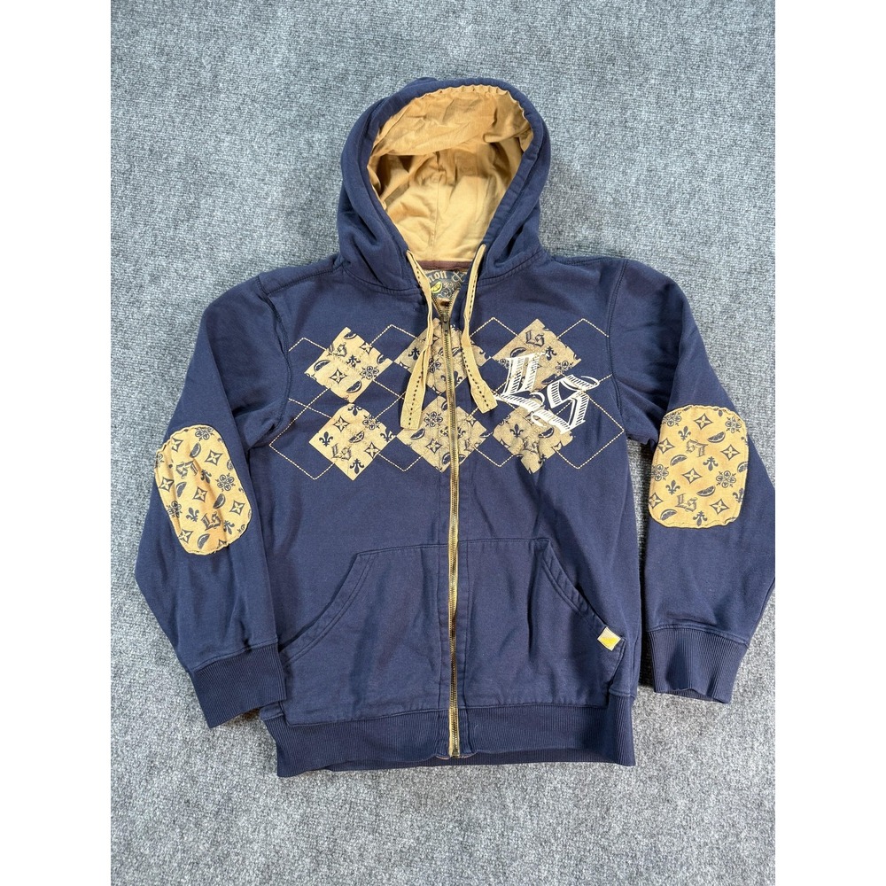 Limon & Sal Hoodie Mens Small Navy Blue Tan‎ Full Zip Argyle Elbow Patch Graphic